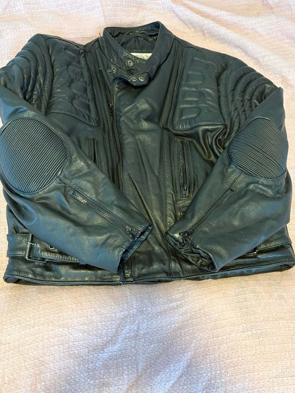 Heavyweight Black Leather Motorcycle Racing Jacket with Padded Elbows